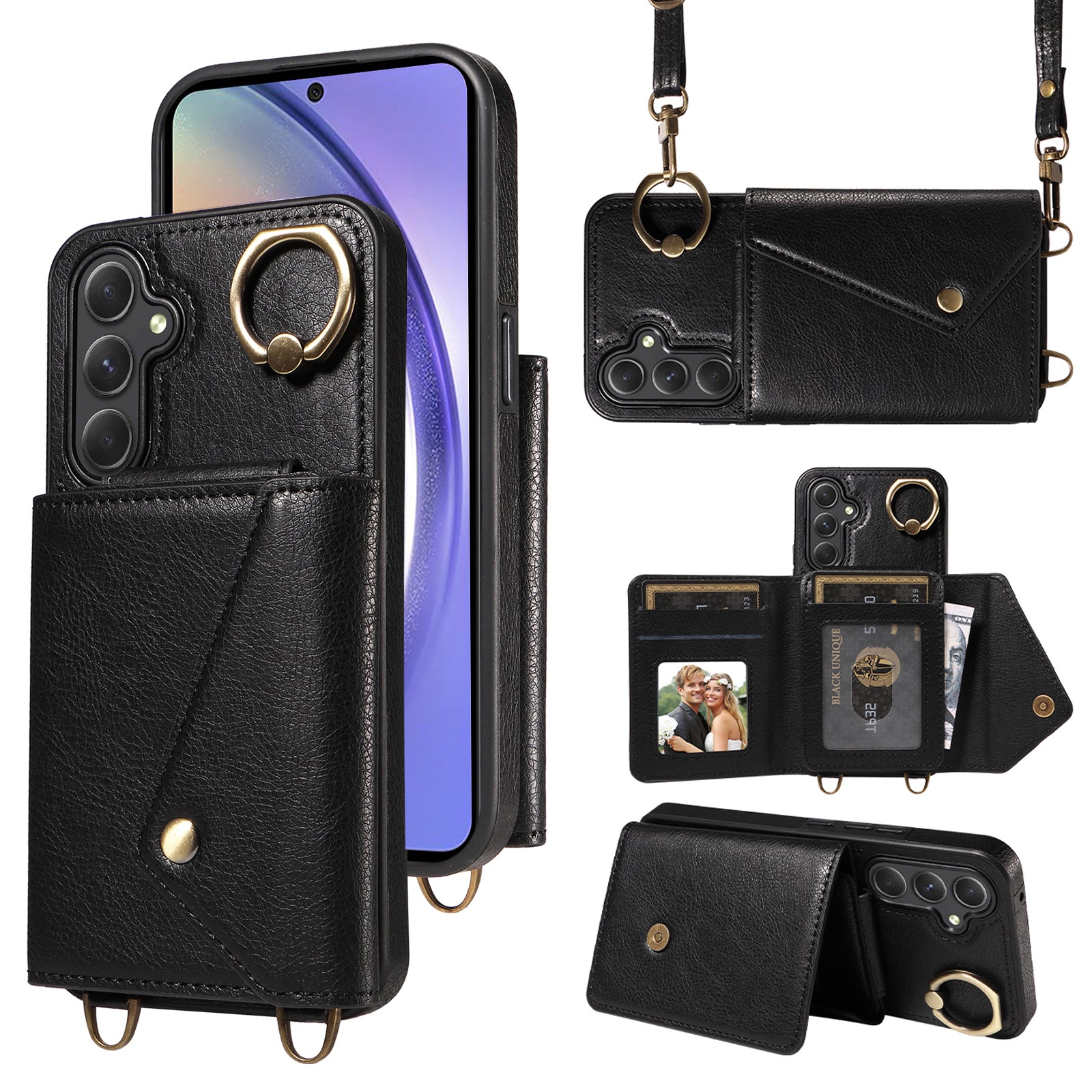 002 Anti-drop Shell for Samsung Galaxy A54 5G Ring Kickstand Card Bag Litchi Texture Leather TPU Phone Case with Shoulder Strap 002 Anti-drop Shell for Samsung Galaxy A54 5G Ring Kickstand Card Bag Litchi Texture Leather TPU Phone Case with Shoulder Strap
